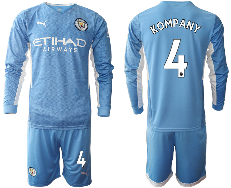 Men 2021-2022 Club Manchester city home Light blue Long Sleeve #4 Soccer Jersey